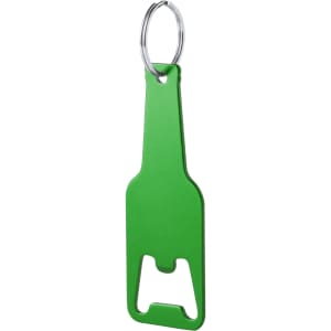 A green bottle opener keyring in the shape of a drink bottle, featuring a keyring attachment and a logo.