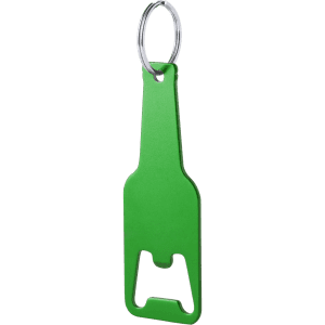 A green bottle opener keyring in the shape of a drink bottle, featuring a keyring attachment and a logo.