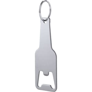 A drink bottle opener keyring in a sleek silver finish, featuring a simple bottle-shaped design and a keyring attachment.