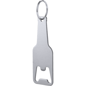A drink bottle opener keyring in silver with a keyring attachment and a simple, sleek design.