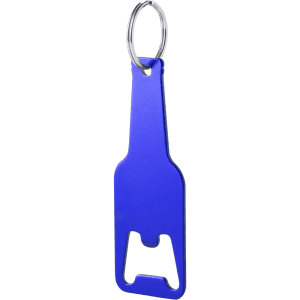 A drink bottle opener keyring in a vibrant blue colour with a shiny metallic finish and a silver keyring attachment.