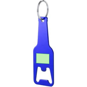 A drink bottle opener keyring in blue, shaped like a bottle, with a circular keyring attachment.