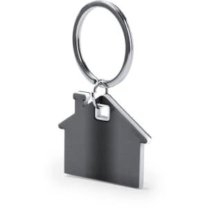 A metallic keyring shaped like a house with a shiny silver finish. It has a round attachment ring.
