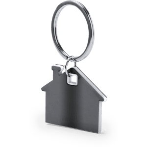 A silver keyring shaped like a house, featuring a round metal ring and a flat house silhouette.