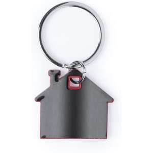 A keyring shaped like a house, featuring a silver ring and a black and red design.
