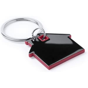 A black and red house-shaped keyring with a metal ring for attaching keys. It features a branding logo.