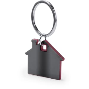 A metallic keyring shaped like a house, featuring a silver ring and a burgundy outline.