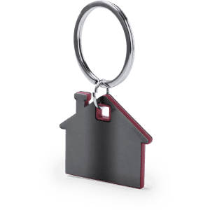 A keyring in the shape of a house, featuring a silver ring and a black and burgundy design.
