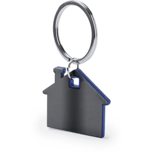 A black and blue house-shaped keyring with a silver keyring attachment and a small hole for keys.