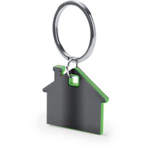 A keyring shaped like a house, featuring a metallic grey front and vibrant green edge with a circular attachment.