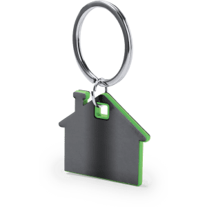 A house-shaped keyring with a silver metal ring and a green outline, featuring a sleek black finish.