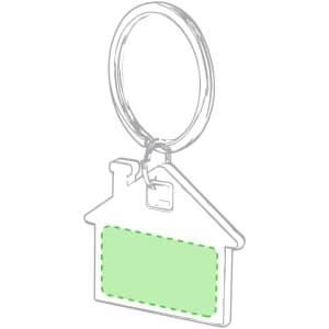 A keyring shaped like a house with a green area for customisation, attached to a circular metal ring.