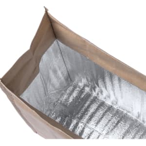 A thermal bag with a shiny silver interior and a brown exterior, featuring a simple design and no visible branding.
