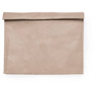 A neutral beige thermal bag with a simple design. It features a folded top and includes branding.