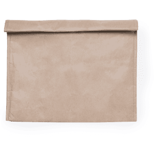 A tan-coloured thermal bag with a roll-top closure, featuring a logo. Ideal for keeping drinks cool.