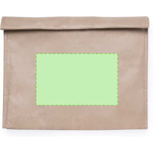 A light brown thermal bag with a fold-over top and a blank area for customisation. It has a logo on the front.