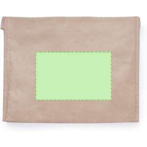 A tan thermal bag with a green rectangular area in the centre, featuring a logo or branding on the surface.
