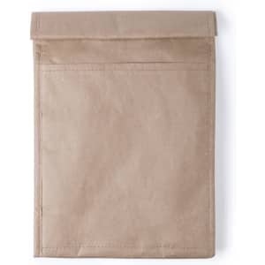 A brown thermal bag with a flat design, featuring a secure top closure and a plain exterior. It has a logo.