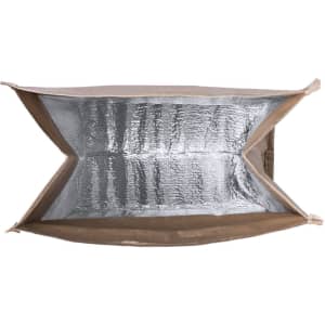 A brown thermal bag with a shiny silver interior, featuring a logo on the exterior.