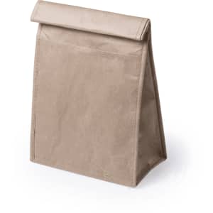 A beige thermal bag with a fold-over top, featuring a simple design and no visible branding.