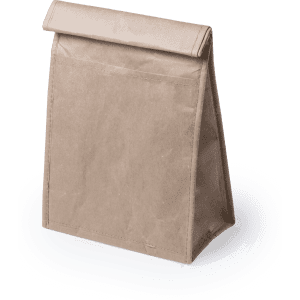 A brown thermal cooler bag with a fold-over top and a simple design, featuring a small front pocket.