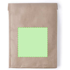 A brown thermal cooler bag with a square empty space, featuring a logo on the front.