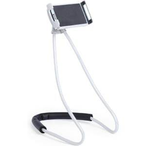 A white and black phone holder with a flexible design for use on various surfaces. It features a supporting base and a logo.