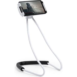 A flexible white phone holder with a black base, designed to support a smartphone in an upright position.