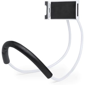 A phone holder with a flexible black and white design, featuring a secured grip for devices.