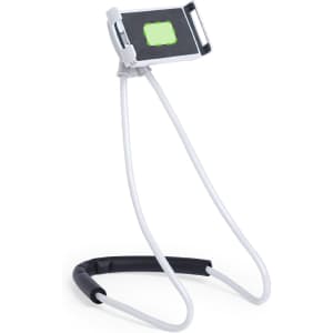 A phone stand in white and black, featuring a flexible design and a logo on the holder.