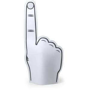 A novelty foam finger in white with a black outline, shaped to depict a raised index finger.