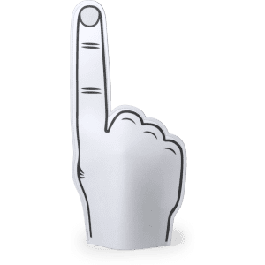 A novelty foam hand in white with a raised index finger, featuring a black outline and minimalistic design.