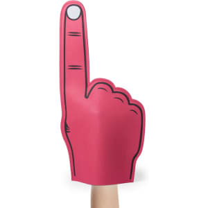 A pink foam hand shaped like a raised index finger, featuring black outline details, with a plain background.