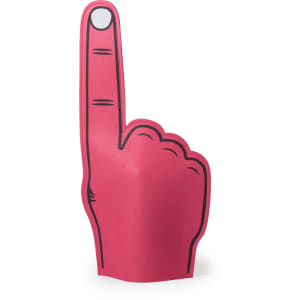 A pink novelty foam finger with a raised index finger and black outlines, featuring a logo on one side.