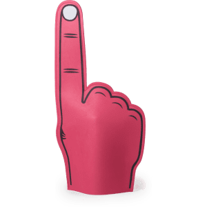 A pink novelty foam hand shaped like a raised finger, designed for fun and games.
