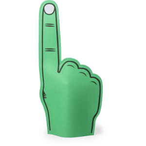A green foam hand shaped like a raised finger, featuring a black outline. It has a circular hole at the top.