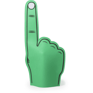 A green foam finger with a raised index finger and a simple outlined design. Features a logo on one side.