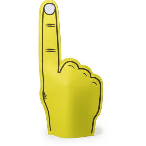 A novelty foam finger in bright yellow, depicting a hand with a raised index finger. It features a simple design and has a logo.