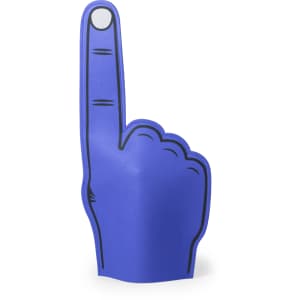 A blue foam hand shaped like a raised index finger, featuring outlines and a circular detail at the top.