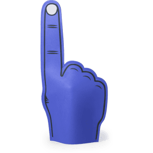 A blue novelty foam hand with a raised index finger and outlined details. It features a logo on the side.