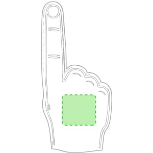 A novelty foam hand in the shape of a raised index finger, outlined in white with a green square in the palm area.