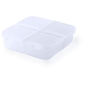 A square, transparent white pillbox with four compartments and a secure lid. It features a simple design and minimal branding.