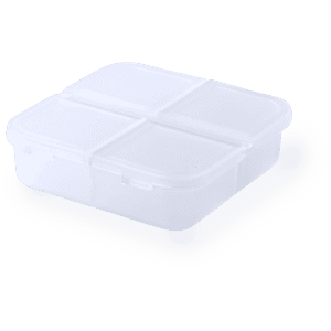 A clear, plastic pillbox with four compartments and a secure lid, designed for medication storage.