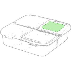 A pillbox with a green compartment, featuring multiple sections for organising medication. It includes a logo on the surface.