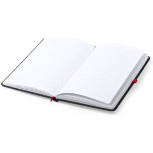 A black notepad with lined pages, open to reveal its blank interior. Features a ribbon marker and a logo.