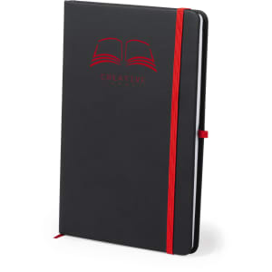 A black notepad with a red elastic band, featuring a logo on the front cover, ideal for office use.