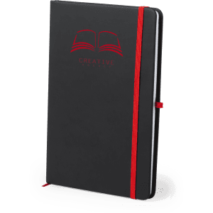 A black notepad with a red elastic band and branding on the cover, featuring an open book graphic.