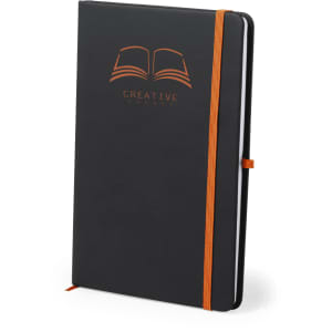 A black notepad with an orange elastic band, featuring a logo on the front cover.