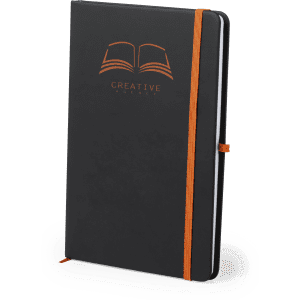 A black notepad with an orange elastic band and logo on the cover, featuring a sleek design suitable for office use.