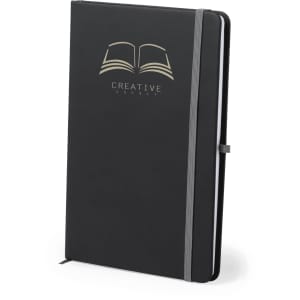 A black notepad with a logo on the cover and a grey elastic band closure.